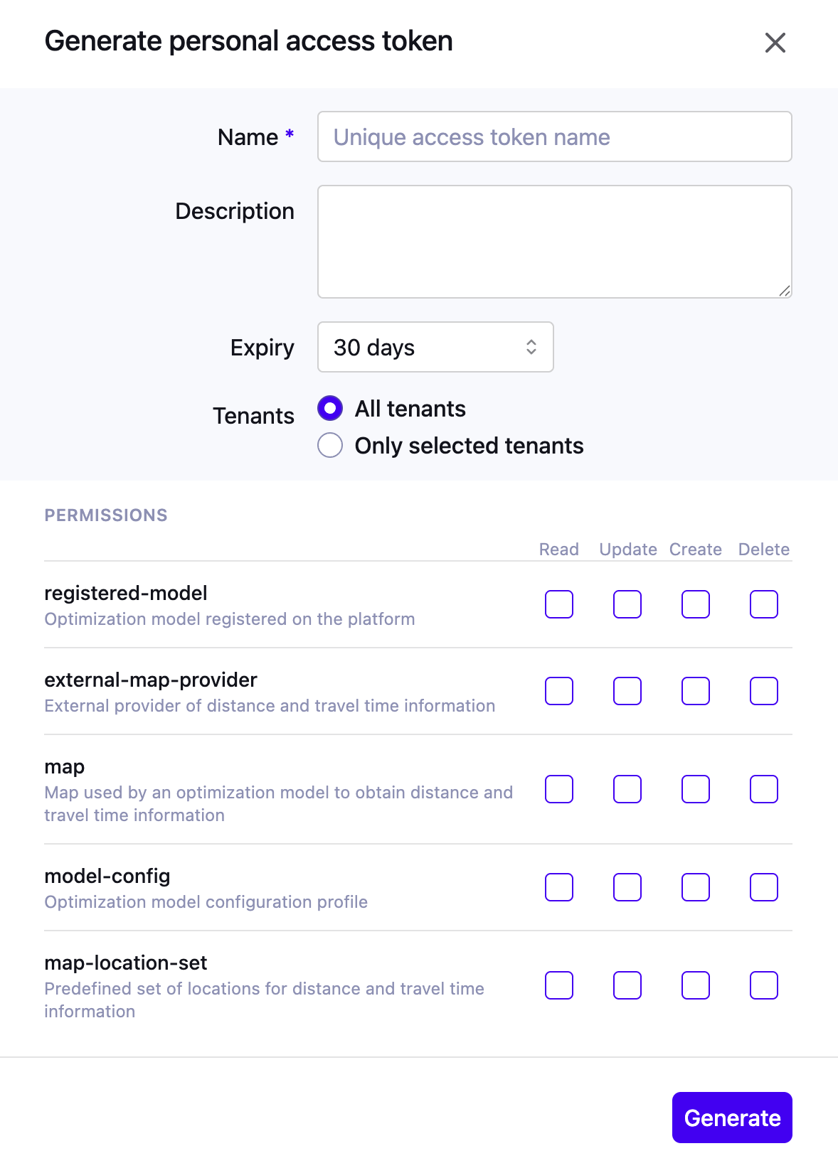 Generate new token dialog showing the name, expiry, tenant scope, and permission matrix fields