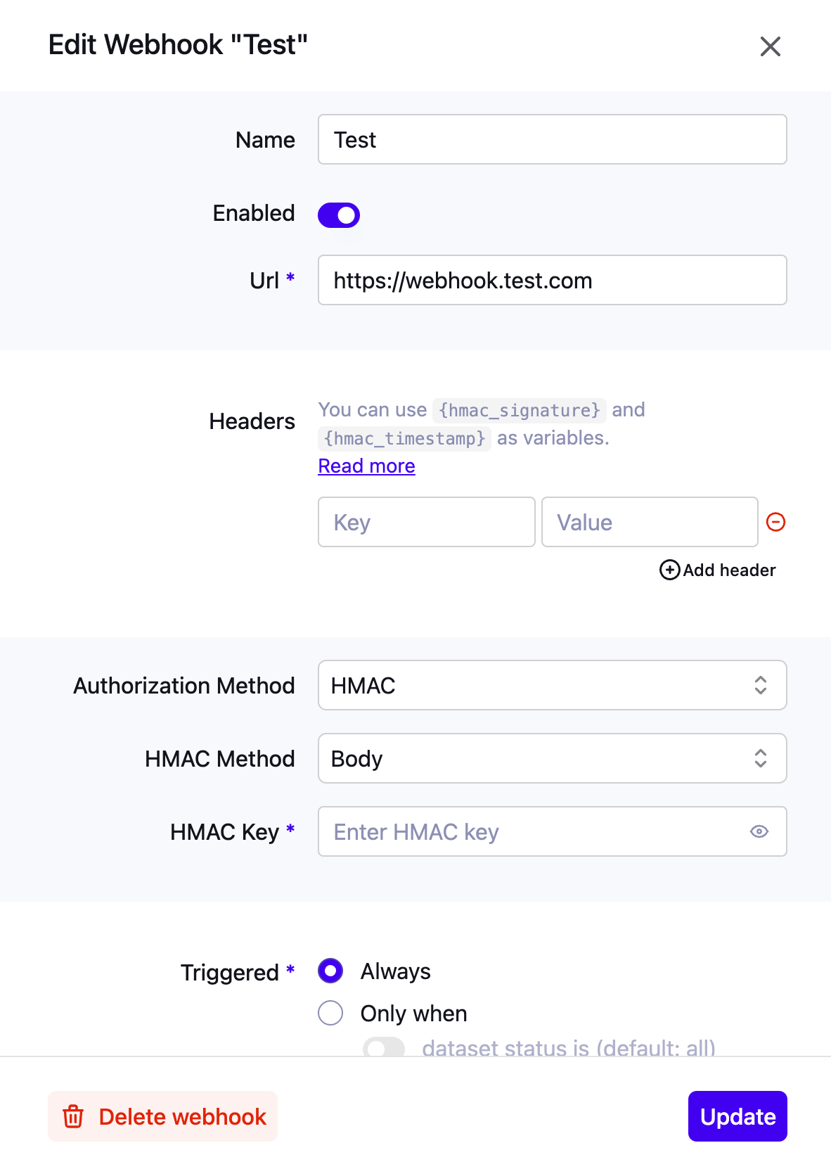 Platform UI to configure a webhook