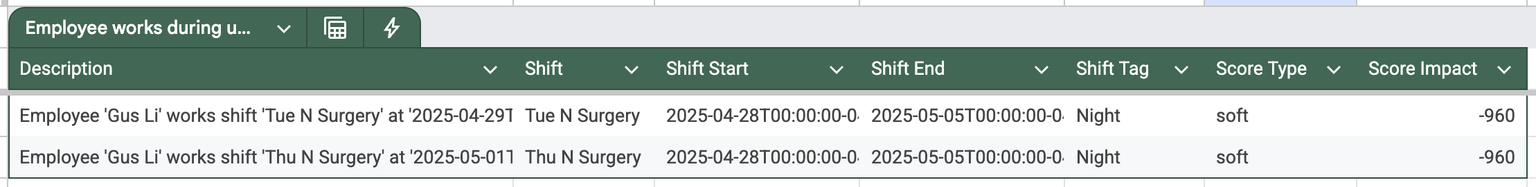 An Excel sheet showing justifications for a constraint about honoring employee preferences in ESS