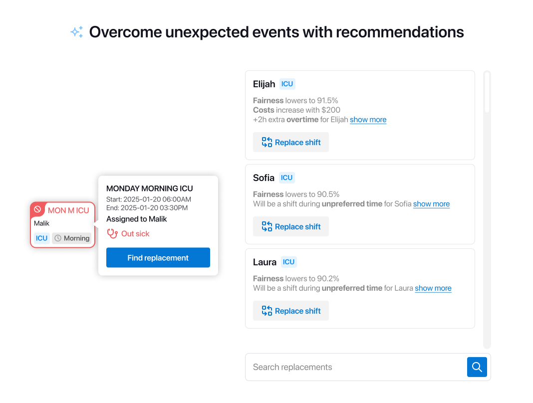 UI showing a list of recommendations to replace a certain shift