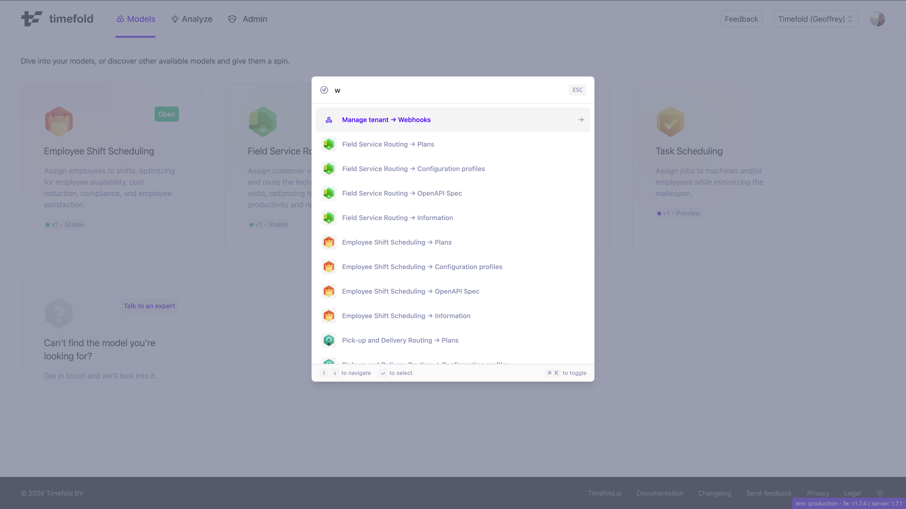 Command Palette open on the platform homepage with the Webhooks item selected