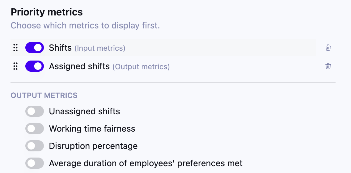 Choose metrics dialog