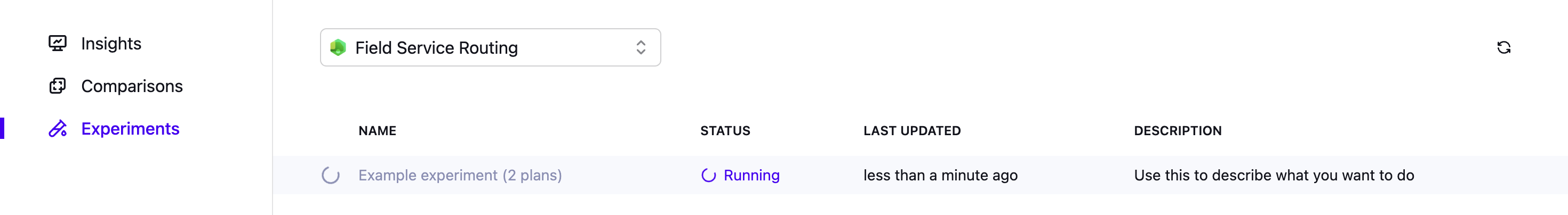 Experiment UI showing a running experiment
