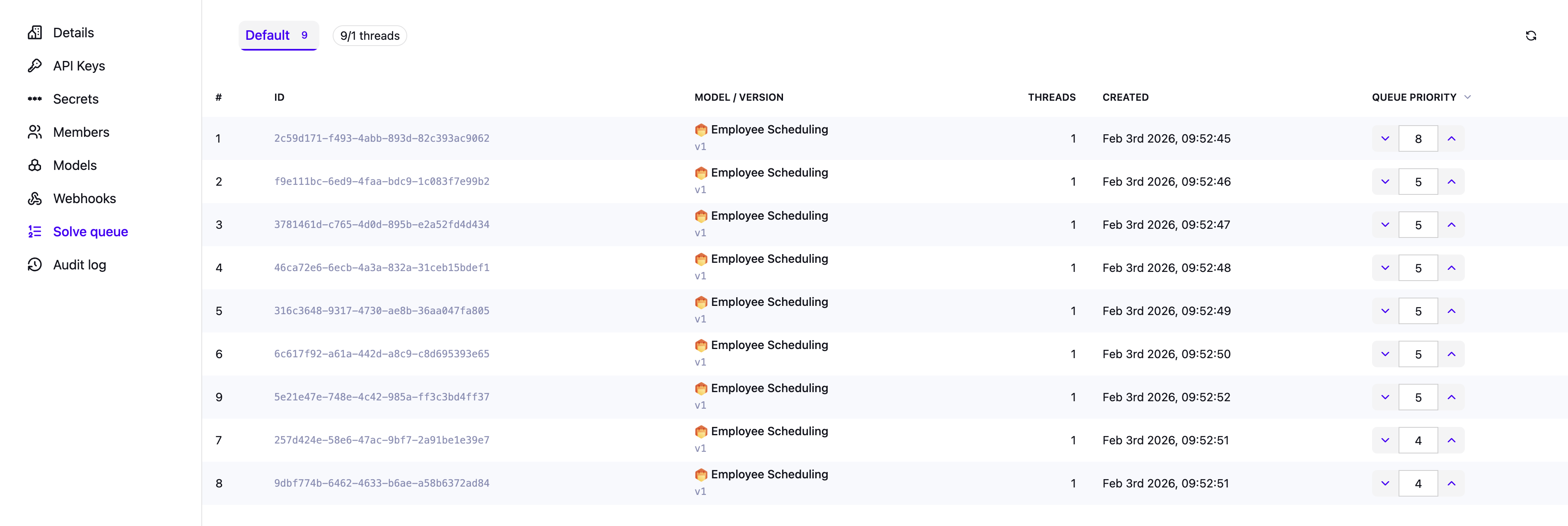 Platform UI to manage the solve queue, showing 9 queued datasets with different priorities